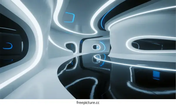 Futuristic White Curved Corridor with Glowing Blue Lines