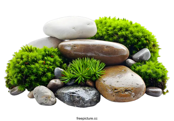 [Transparent Background PNG]Stones and Moss Arrangement on White Background