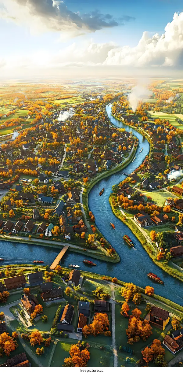 Aerial View of a Small Town with a River Running Through It