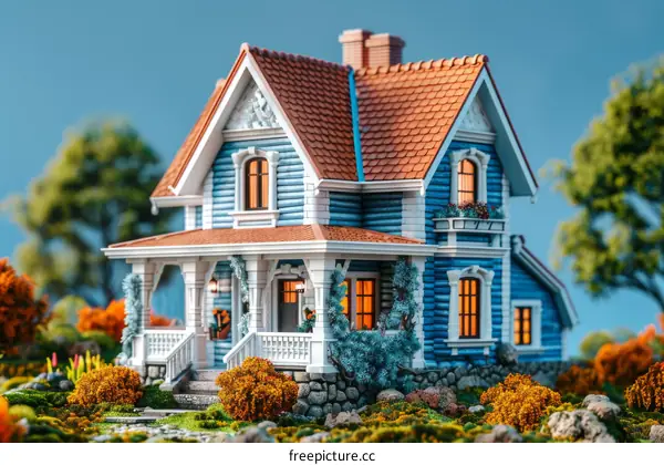 Miniature Blue House in Autumn Garden