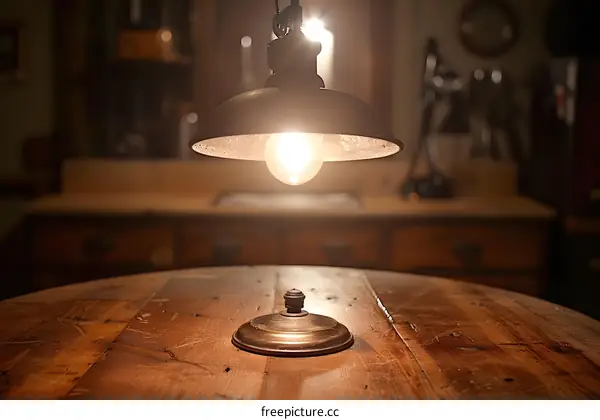 Vintage Pendant Lamp Over Wooden Table In Dimly Lit Room