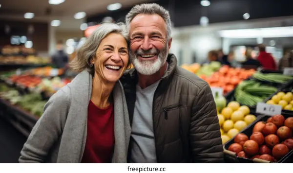 Happy senior couple grocery shopping together