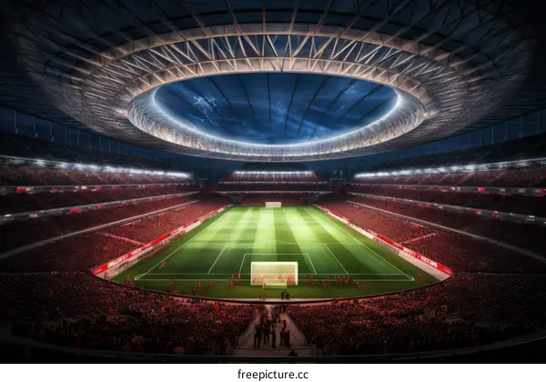 Architectural visualization of a modern soccer stadium with a closed roof