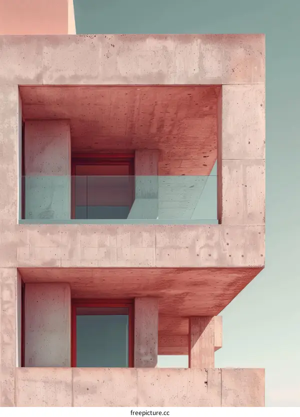 Pink concrete building with glass windows and balconies
