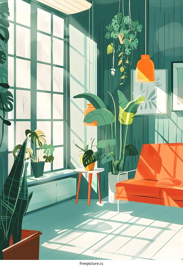 Green and Orange Modern Living Room With Sun Rays