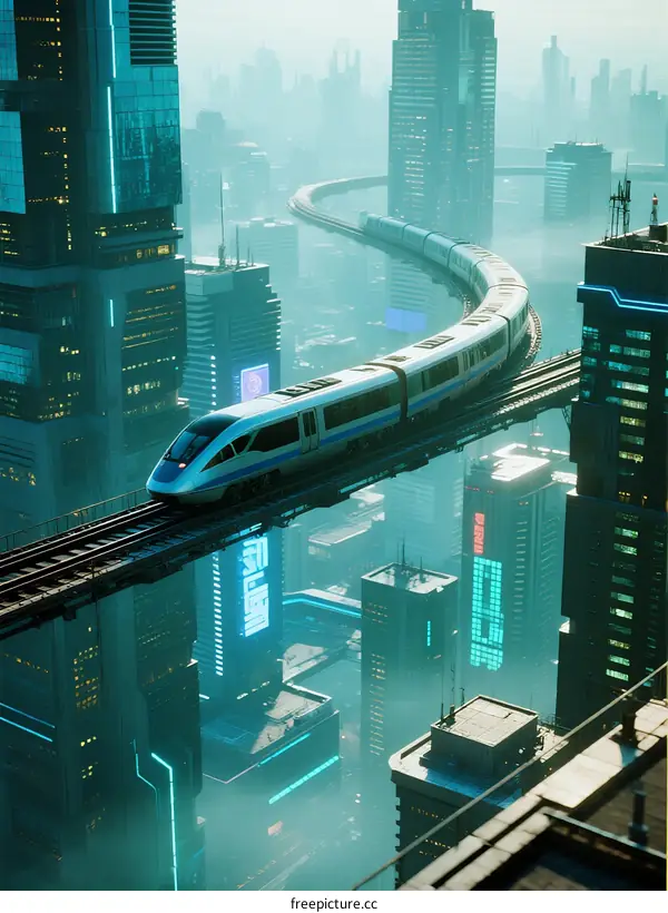 Futuristic Urban Monorail Train Above Modern Cityscape