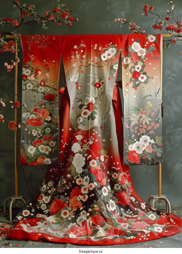 A kimono with a pattern of cherry blossoms and cranes