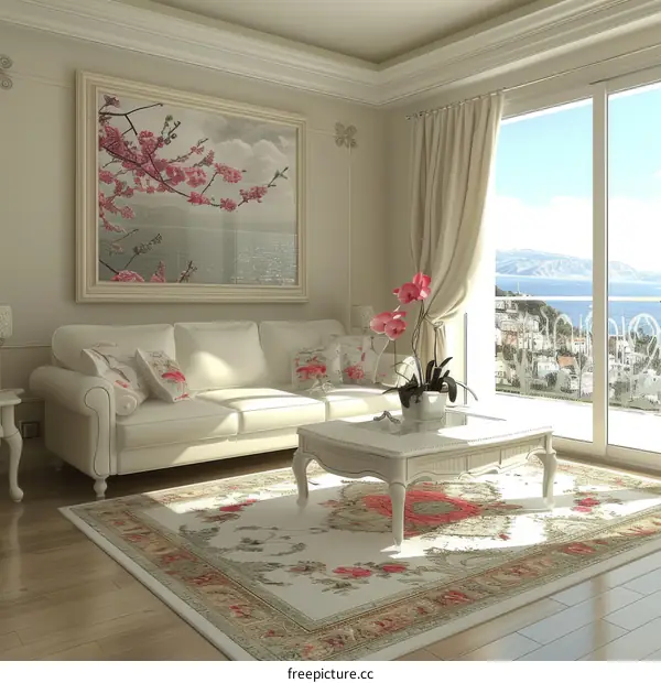 An elegant living room with a large painting of cherry blossoms, a white sofa, and a coffee table with pink orchids.