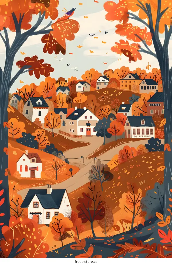 Autumn Village Illustration with Colorful Trees