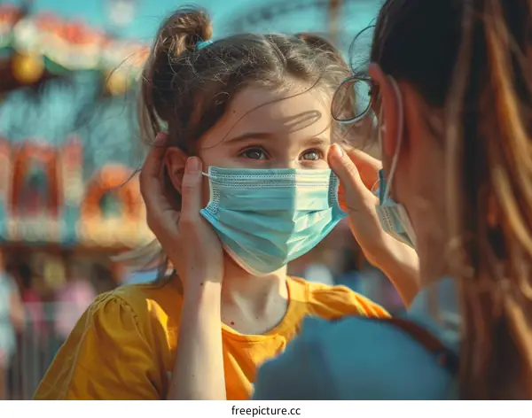 Mother and daughter wearing medical masks outdoors during COVID-19 pandemic