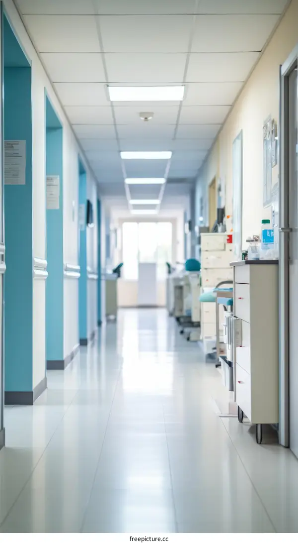 Empty hospital hallway with blue and white walls