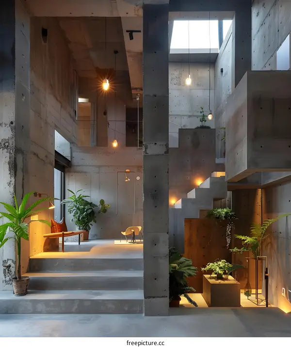 Modern Concrete House Interior Design with Staircase and Plants