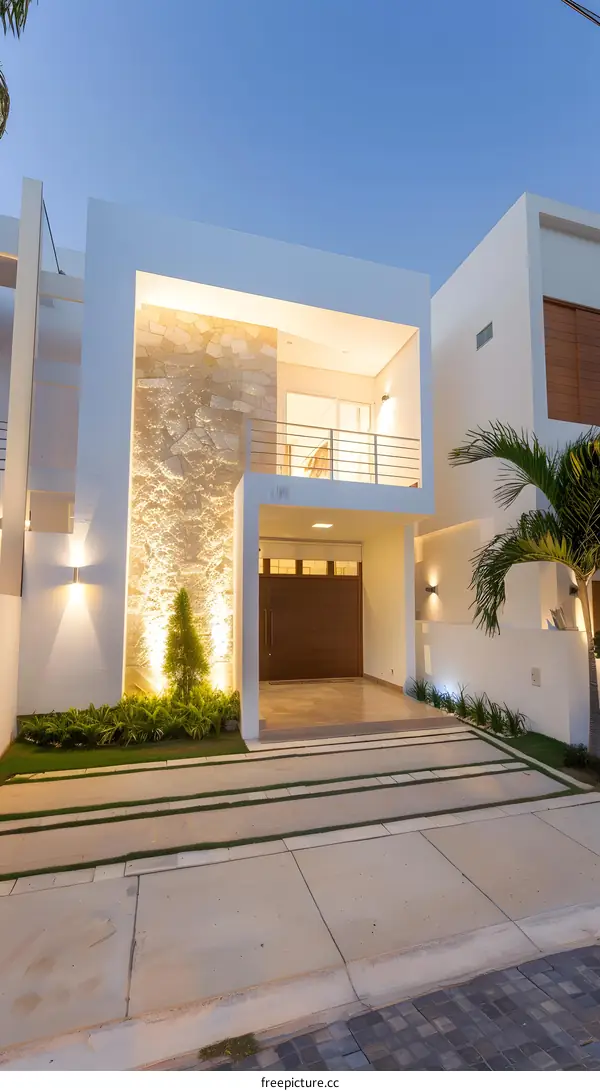 Modern House with Stone Wall and Palm Tree Entrance