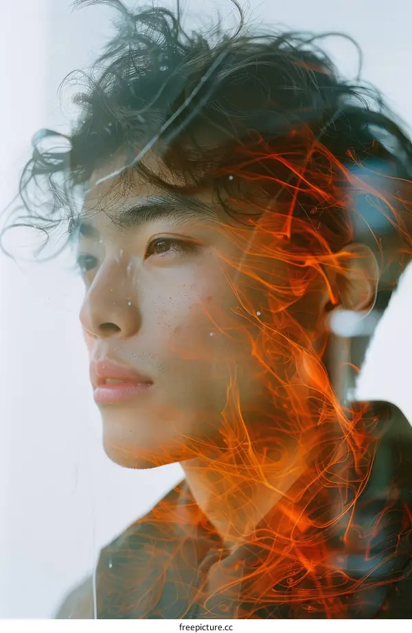 Portrait of a young man with fire coming out of his head