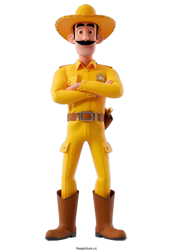 [Transparent Background PNG]A cartoon sheriff with a mustache and wearing a cowboy hat and brown boots