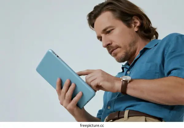 Man using a light blue tablet for work or leisure activities