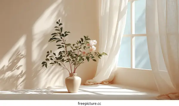 Soft Sunlight Through Sheer Curtains with a Floral Arrangement