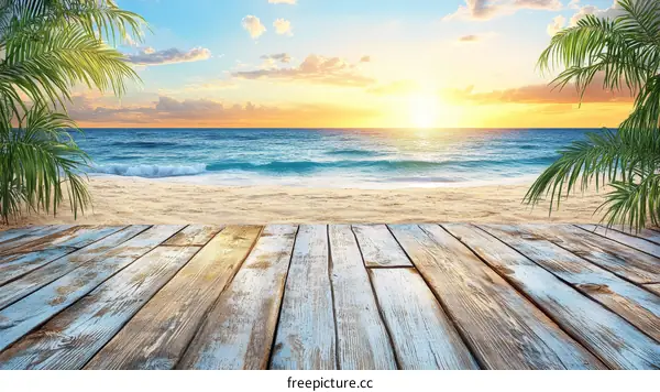 Beautiful Beach Sunset Wooden Deck Scene
