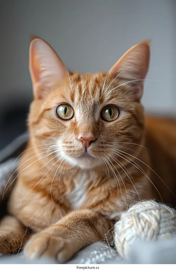 A ginger cat is lying on a gray blanket and looking at the camera