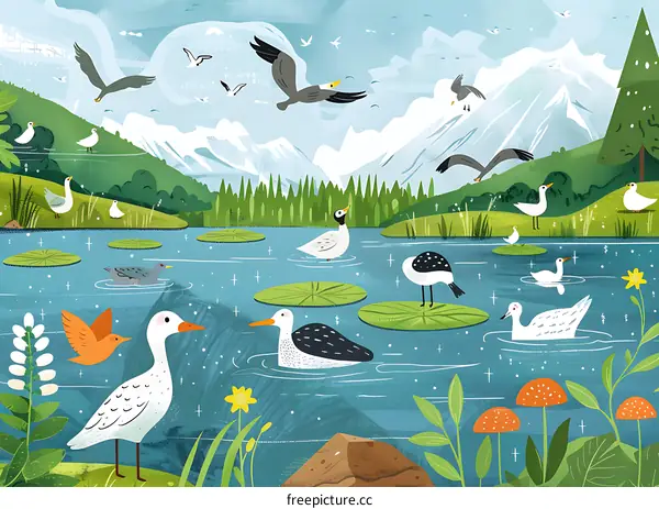 Lake with White Birds and Green Plants Illustration