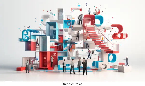 Illustration of a group of people in a colorful 3D environment