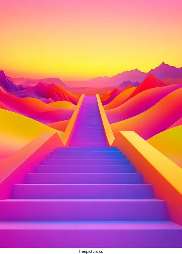 Abstract Colorful Stairway Leading Upward to a Mountain Range