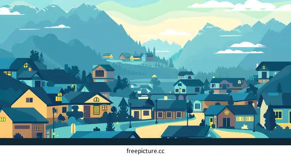 Blue Mountain Village with Houses and Trees