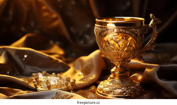 ornate golden chalice and a silver crown on a luxurious golden cloth