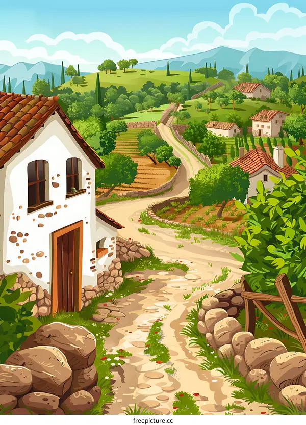 Stone Pathway Through Countryside With Green Trees and White Houses