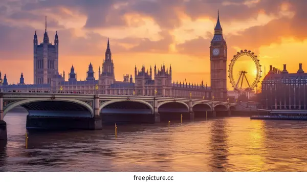 The Palace of Westminster and the London Eye at sunset