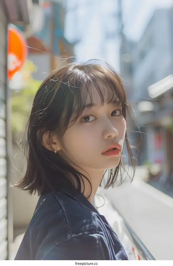 Portrait of Asian Woman Looking Away with a Denim Jacket