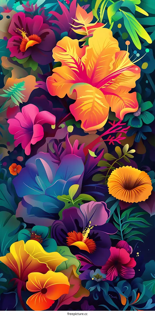 Tropical Flowers Colorful Digital Art Illustration