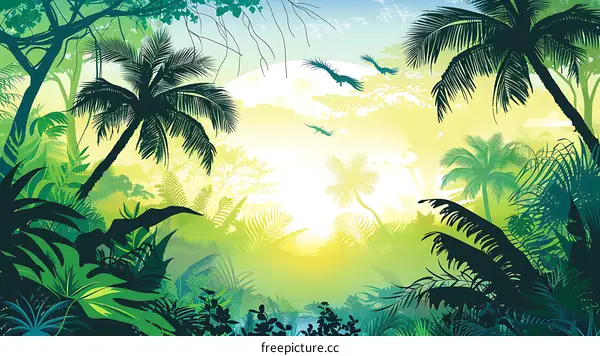 Tropical Jungle Silhouette Illustration with Palm Trees and Birds