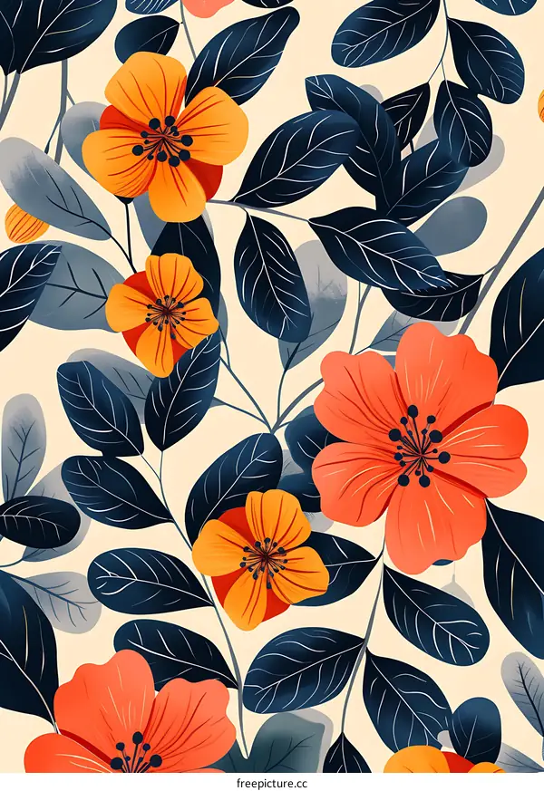 Floral Seamless Pattern with Blue Leaves and Orange Flowers