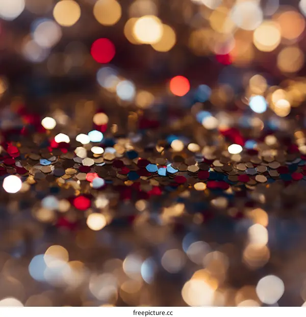 Red, gold, and blue glitter sparkles with blurred lights in the background