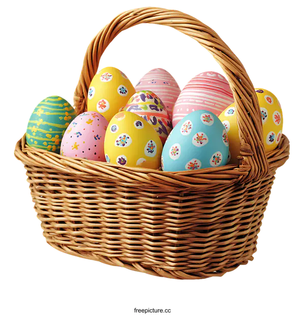 [Transparent Background PNG]Colorful Easter Eggs in a Wicker Basket