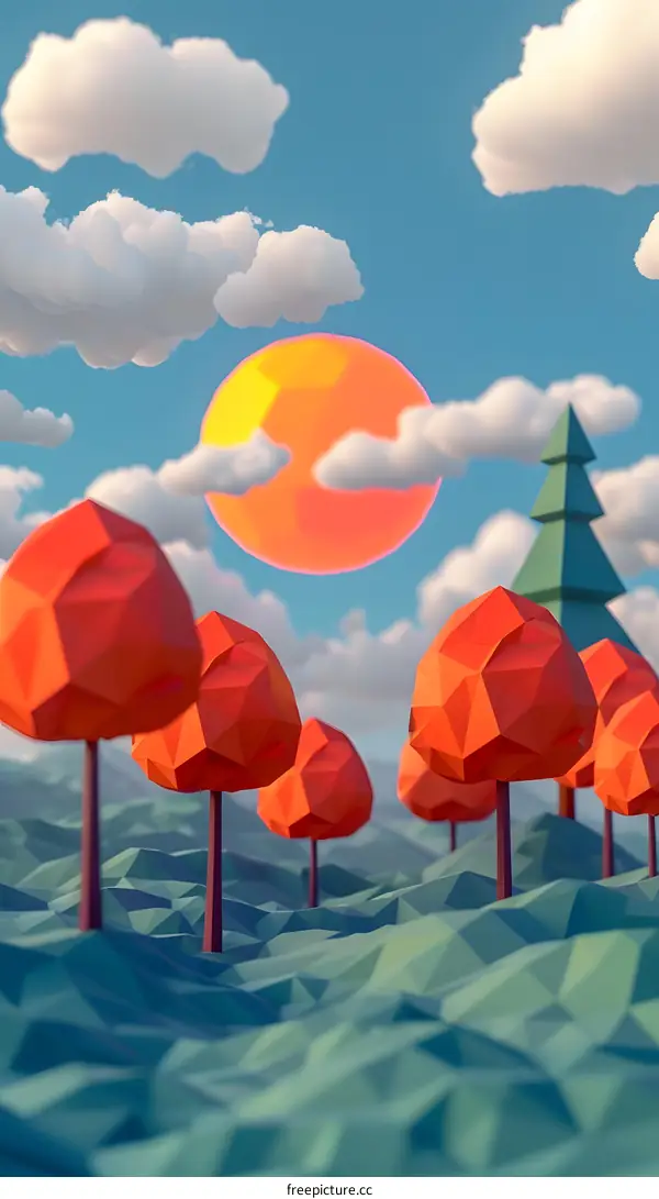 Low Poly Style Illustration of Forest Landscape with Red Trees and Sun