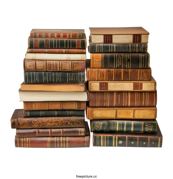 [Transparent Background PNG]Antique Leather-Bound Books Stacked High