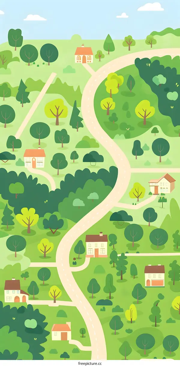Cartoon Illustration of a Winding Road Through a Green Forest With Houses
