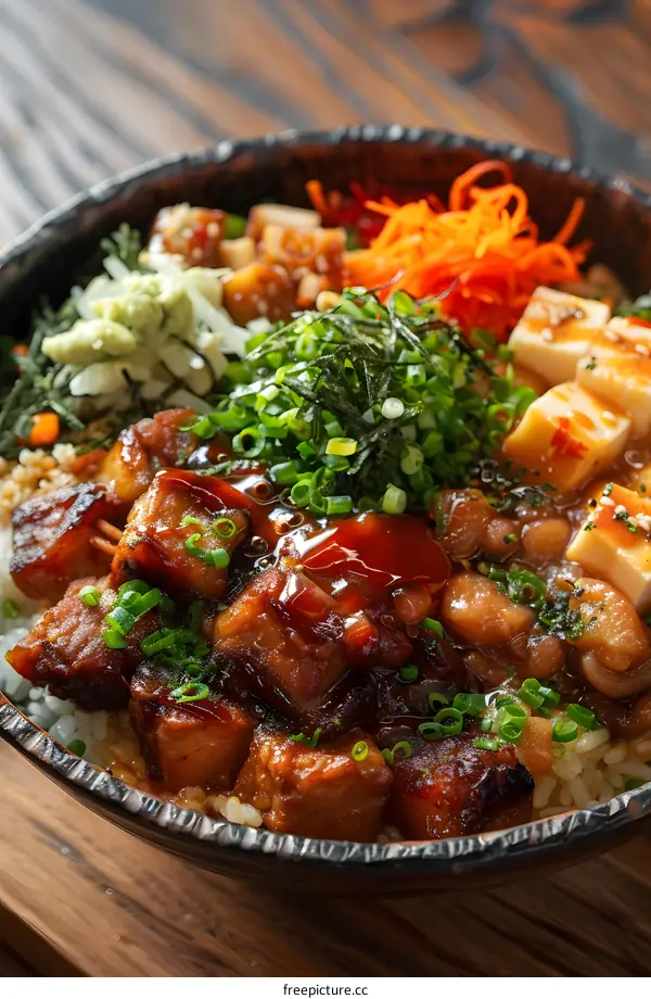 A bowl of Japanese food with pork, tofu, and vegetables