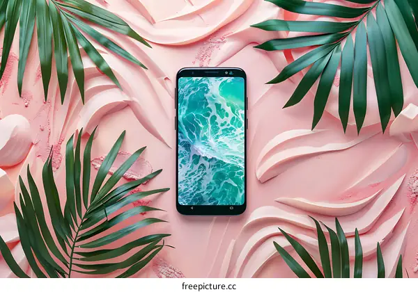 Smartphone with Ocean Wallpaper Surrounded by Green Palm Leaves and Pink Background