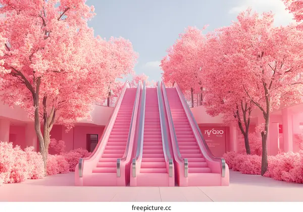 Pink Escalators with Cherry Blossom Trees