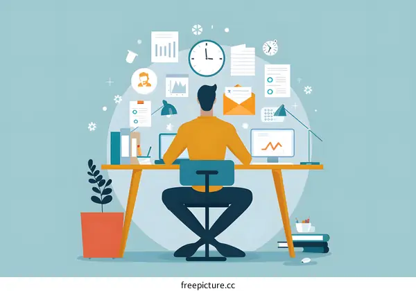 Man Working At Computer With Task List Illustration