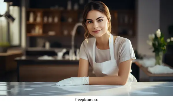Portrait of a young woman in an apron and gloves leaning on a kitchen counter