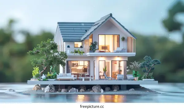 3D Render Modern House Terrace Garden