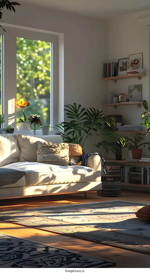 indoor living room with large windows and plants