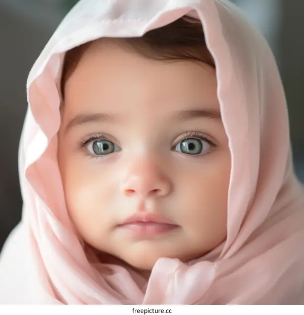 Portrait of a beautiful baby girl wearing a pink headscarf