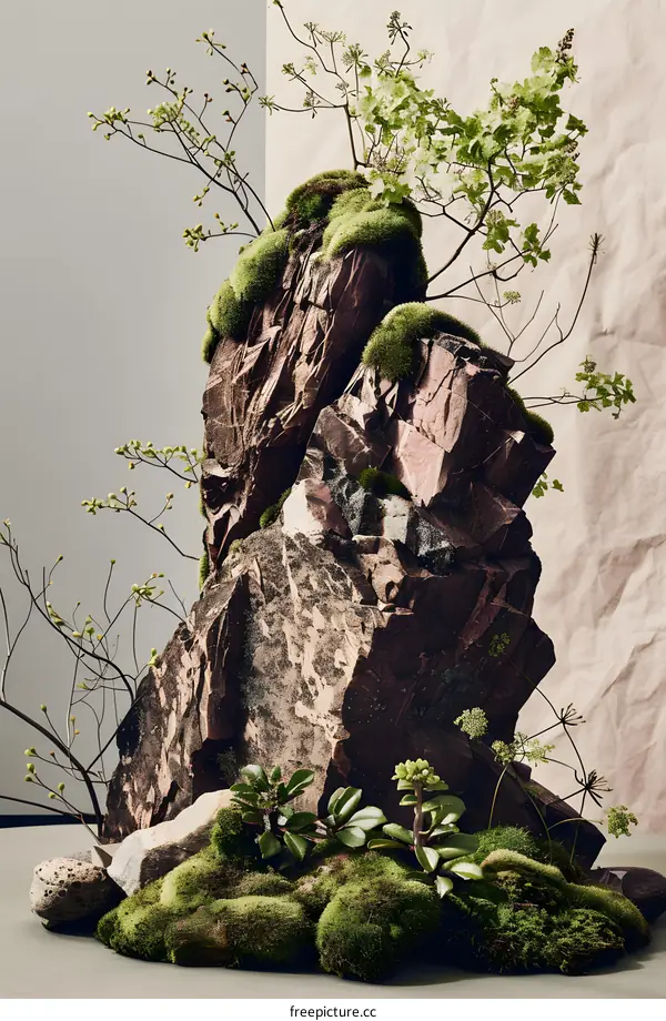 Green Mossy Rock Formation with Small Plants