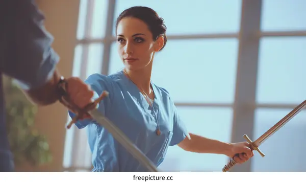 Two people sword fighting training indoors