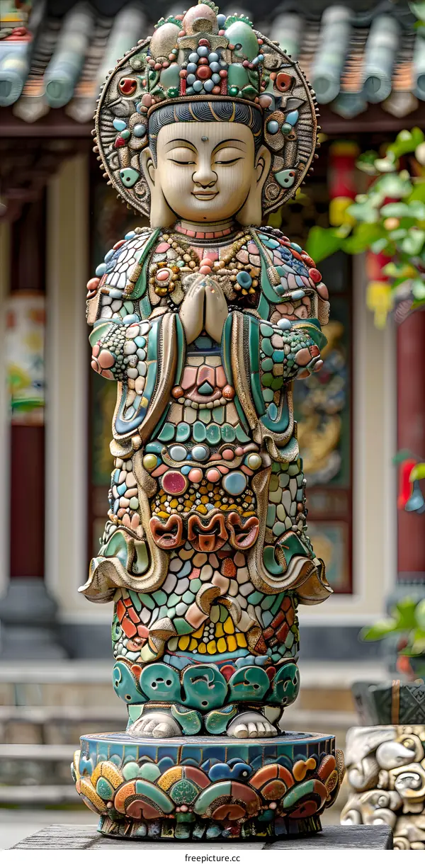 colorful mosaic statue of a praying woman